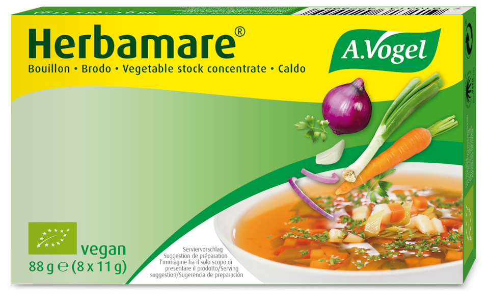 Herbamare ® Bouillon, 8 x 11 g Würfel Produktaufnahme von "A.Vogel Herbamare® Bouillon". Rein pflanzliches Suppenkonzentrat aus kontrolliert biologischem Anbau. Für klare Suppen, als Saucengrundlage oder zum Garen von Reis und Gemüse. Ohne Sellerie.