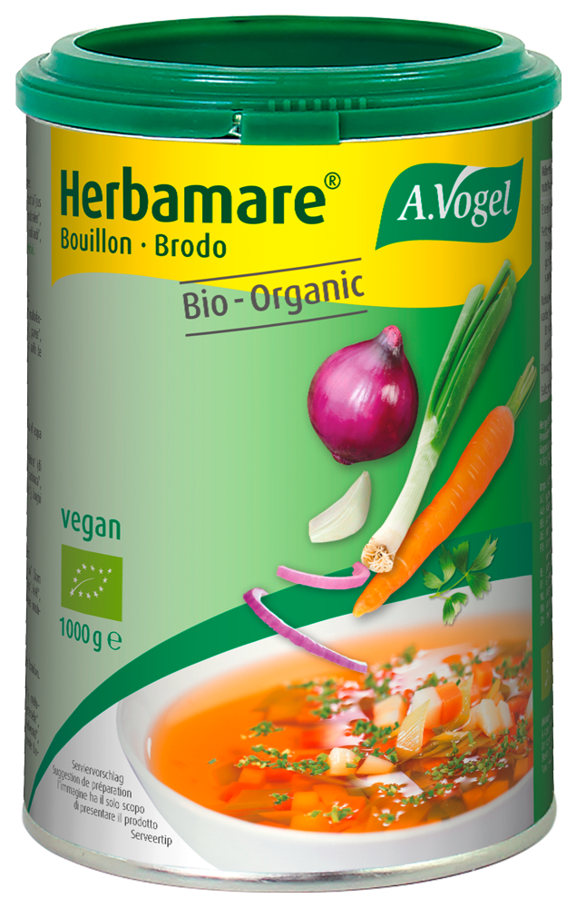 Herbamare® Bouillon Produktaufnahme von "A.Vogel Herbamare® Bouillon". Rein pflanzliches Suppenkonzentrat aus kontrolliert biologischem Anbau. Für klare Suppen, als Saucengrundlage oder zum Garen von Reis und Gemüse. Ohne Sellerie.