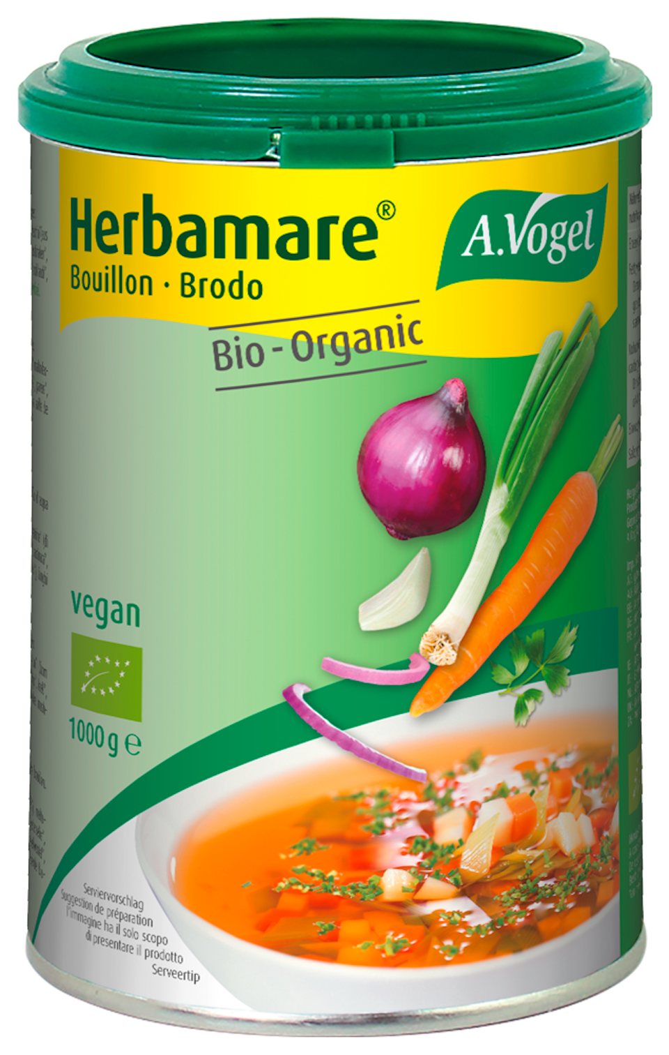 Produktaufnahme von "A.Vogel Herbamare® Bouillon". Rein pflanzliches Suppenkonzentrat aus kontrolliert biologischem Anbau. Für klare Suppen, als Saucengrundlage oder zum Garen von Reis und Gemüse. Ohne Sellerie.