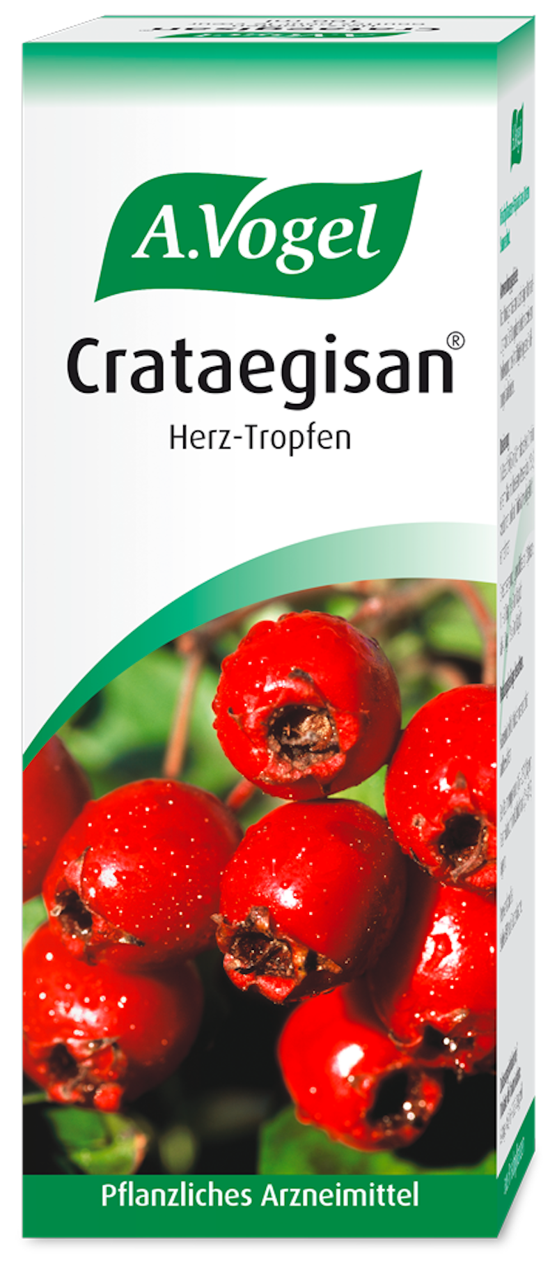 Produktaufnahme von "A.Vogel Crataegisan® Herz-Tropfen ". Pflanzliches Arzneimittel aus frischen Weissdornfrüchten. Wird angewendet bei nervösen Herzbeschwerden wie Druck- oder Beklemmungsgefühl in der Herzgegend.