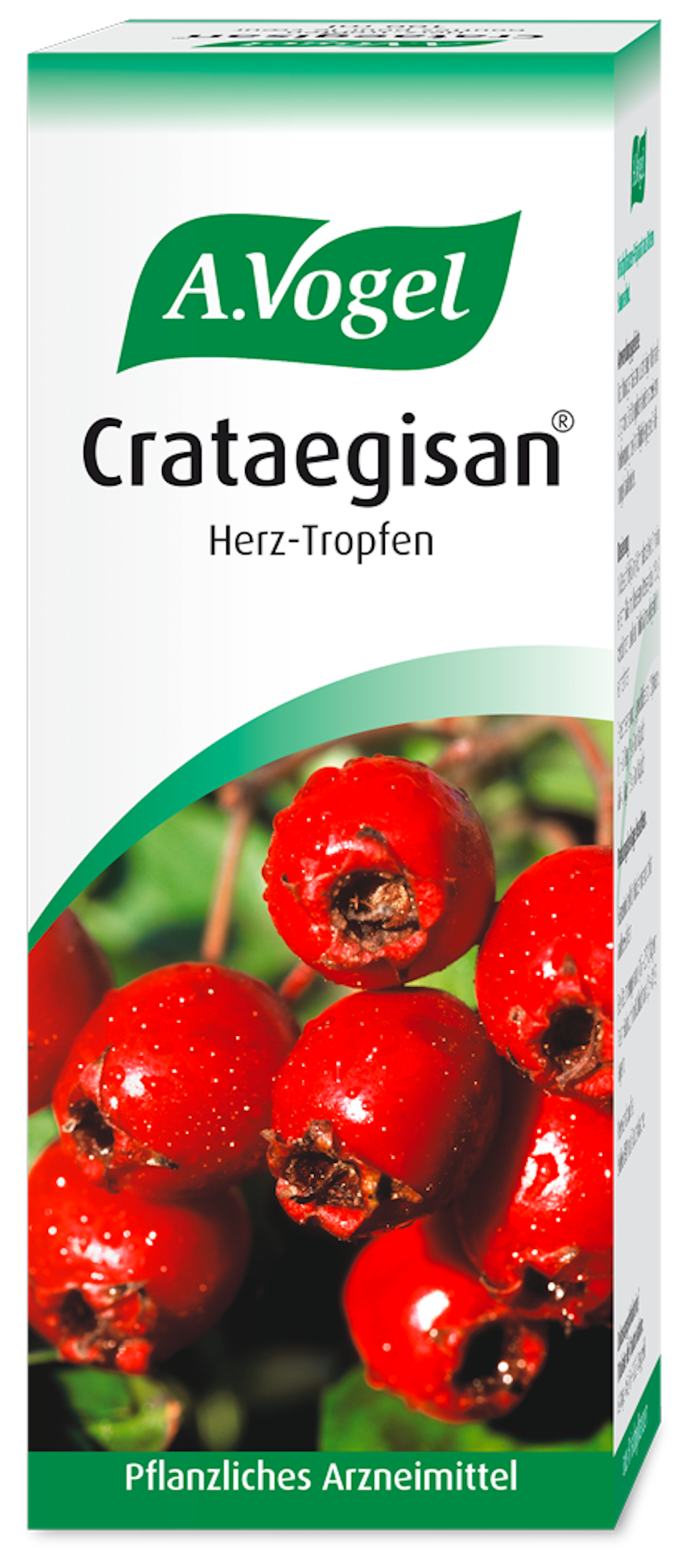 Produktaufnahme von "A.Vogel Crataegisan® Herz-Tropfen ". Pflanzliches Arzneimittel aus frischen Weissdornfrüchten. Wird angewendet bei nervösen Herzbeschwerden wie Druck- oder Beklemmungsgefühl in der Herzgegend.