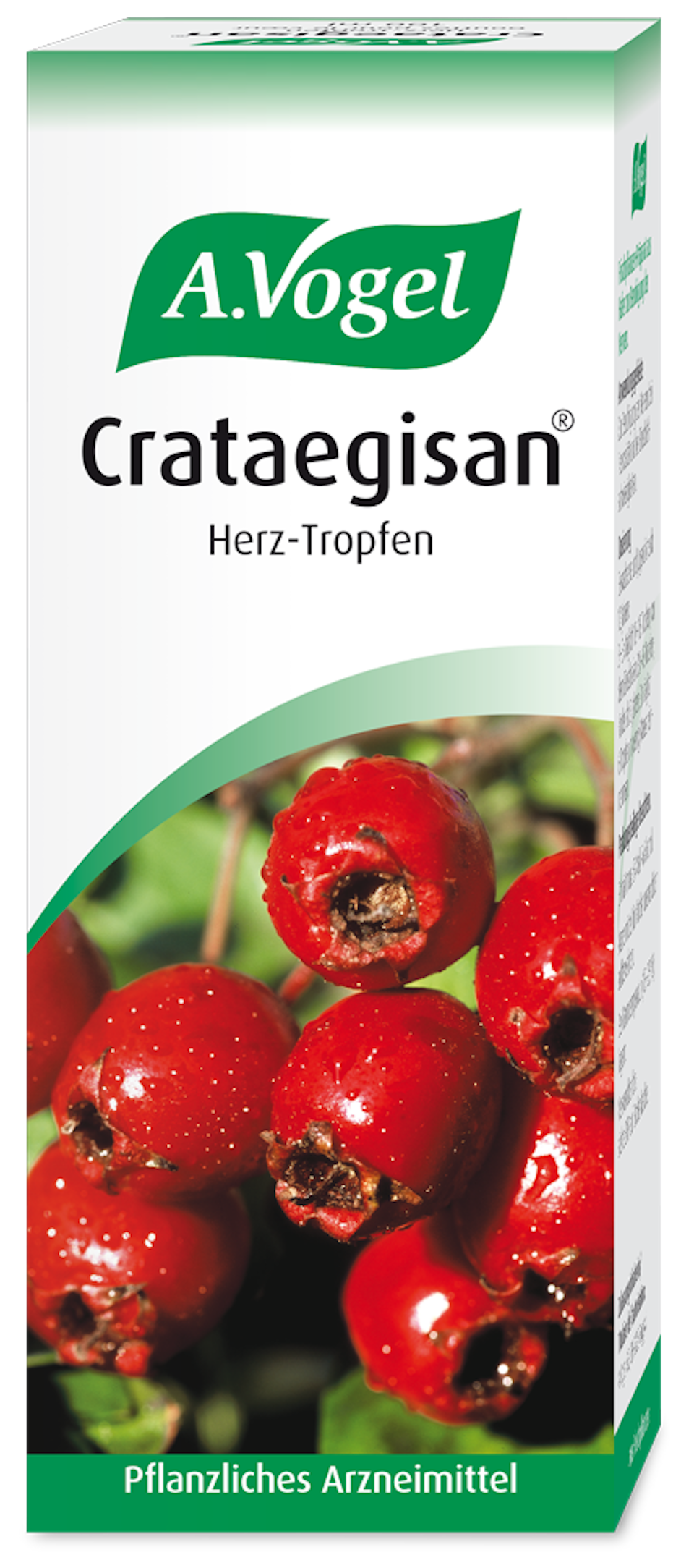 Produktaufnahme von "A.Vogel Crataegisan® Herz-Tropfen ". Pflanzliches Arzneimittel aus frischen Weissdornfrüchten. Wird angewendet bei nervösen Herzbeschwerden wie Druck- oder Beklemmungsgefühl in der Herzgegend.
