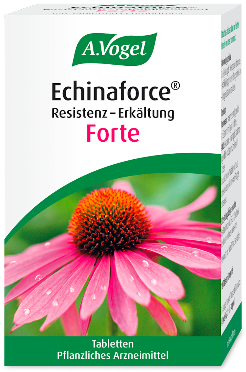 Produktaufnahme von "A.Vogel Echinaforce® Resistenz-Erkältung Tabletten". Pflanzliches Arzneimittel aus frischem Rotem Sonnenhut. Zur Steigerung der körpereigenen Abwehr bei Anfälligkeit gegen Erkältungskrankheiten.