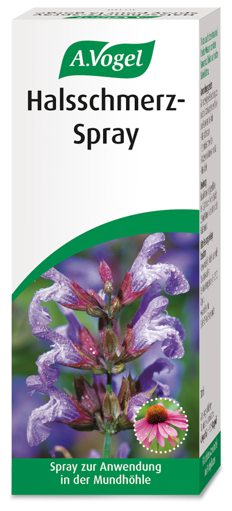 Produktaufnahme von "A.Vogel Halsschmerz-Spray". Pflanzliches Arzneimittel mit frischem Sonnenhut und Salbei. Bei Halsschmerzen, Schluckbeschwerden und Heiserkeit sowie akuten Mund- und Rachenentzündungen.