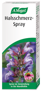 Produktaufnahme von "A.Vogel Halsschmerz-Spray". Pflanzliches Arzneimittel mit frischem Sonnenhut und Salbei. Bei Halsschmerzen, Schluckbeschwerden und Heiserkeit sowie akuten Mund- und Rachenentzündungen.