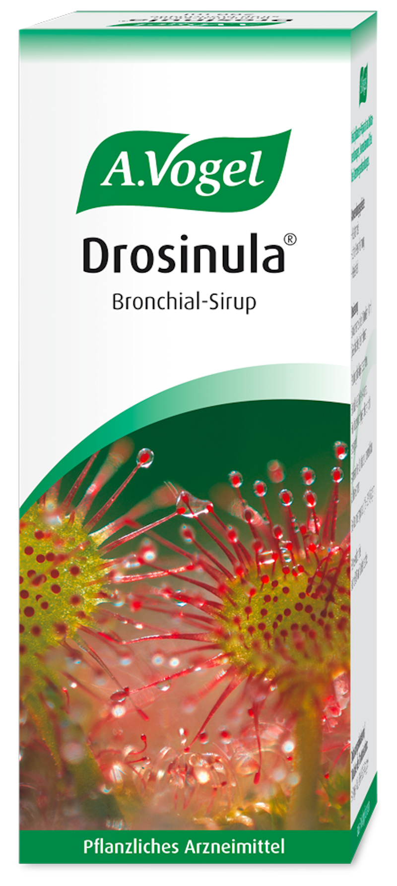 Produktaufnahme von "A.Vogel Drosinula® Sirup". Pflanzliches Arzneimittel aus Rottannenknospen, Sonnentau und Efeu. Zur Behandlung von Atemwegserkrankungen mit Hustenreiz und zäher Verschleimung.