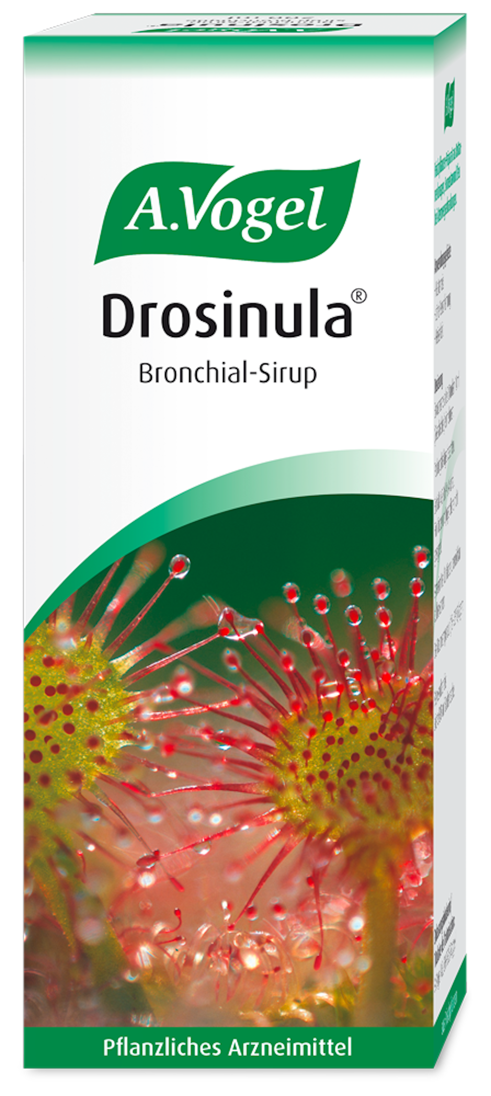 Produktaufnahme von "A.Vogel Drosinula® Sirup". Pflanzliches Arzneimittel aus Rottannenknospen, Sonnentau und Efeu. Zur Behandlung von Atemwegserkrankungen mit Hustenreiz und zäher Verschleimung.
