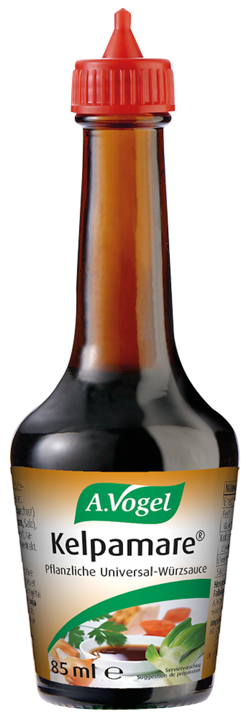 Produktaufnahme von "A.Vogel Kelpamare ®". Rein pflanzliche Universal-Würzsauce aus Soja, ausgewählten Gemüsen und der Meeresalge Kelp. Für einen einzigartigen Geschmack in Saucen, Suppen und Salaten.