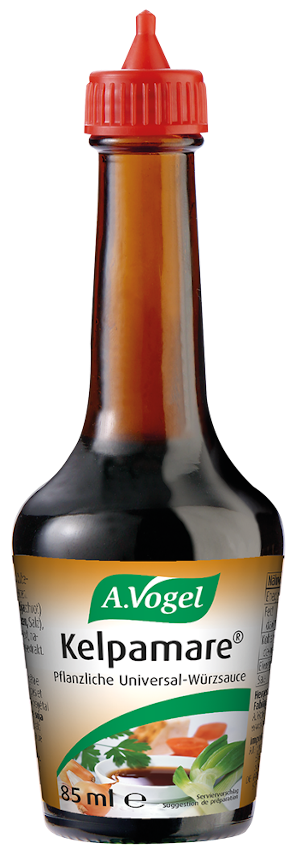 Produktaufnahme von "A.Vogel Kelpamare ®". Rein pflanzliche Universal-Würzsauce aus Soja, ausgewählten Gemüsen und der Meeresalge Kelp. Für einen einzigartigen Geschmack in Saucen, Suppen und Salaten.