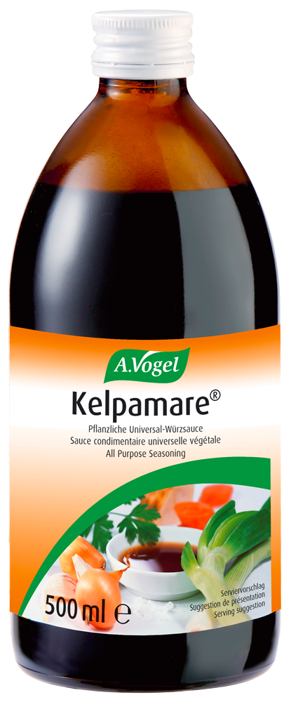 A.Vogel Kelpamare ®, 500 ml Produktaufnahme von "A.Vogel Kelpamare ®". Rein pflanzliche Universal-Würzsauce aus Soja, ausgewählten Gemüsen und der Meeresalge Kelp. Für einen einzigartigen Geschmack in Saucen, Suppen und Salaten.
