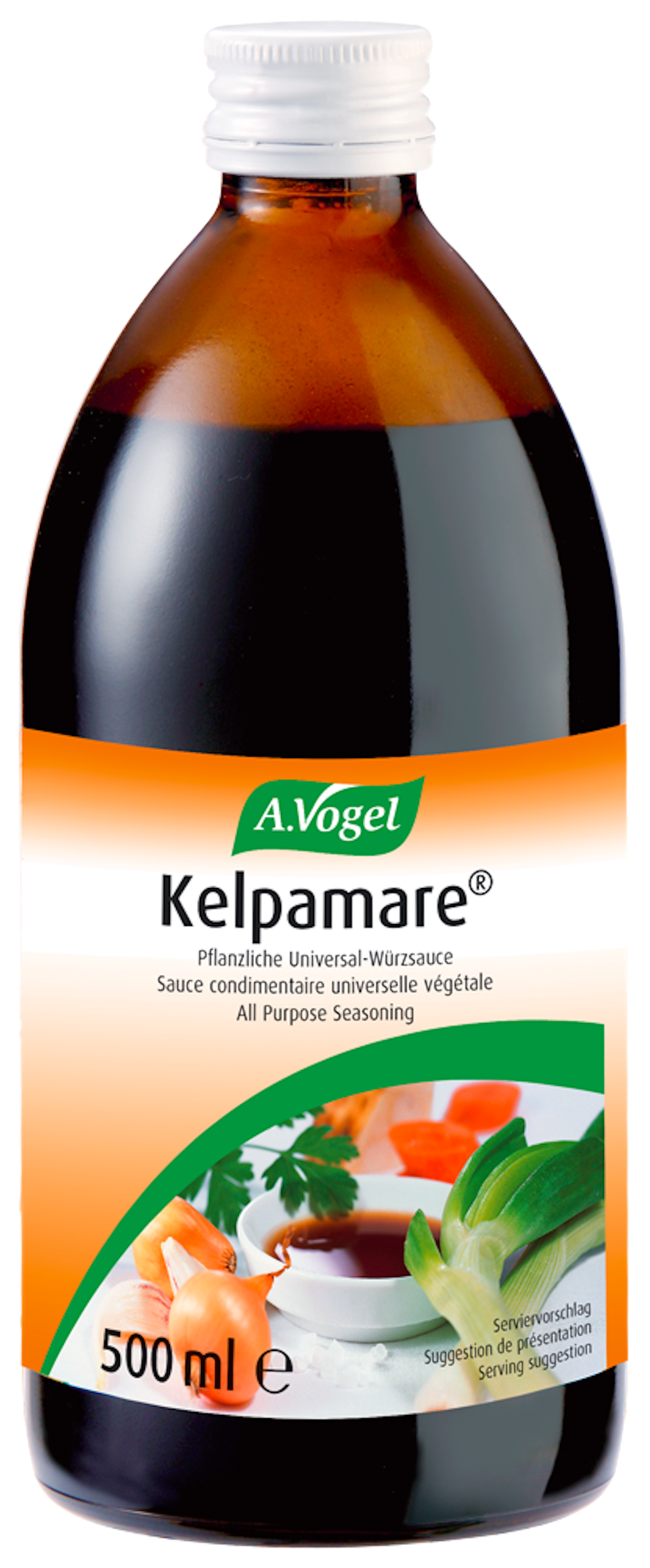 Produktaufnahme von "A.Vogel Kelpamare ®". Rein pflanzliche Universal-Würzsauce aus Soja, ausgewählten Gemüsen und der Meeresalge Kelp. Für einen einzigartigen Geschmack in Saucen, Suppen und Salaten.