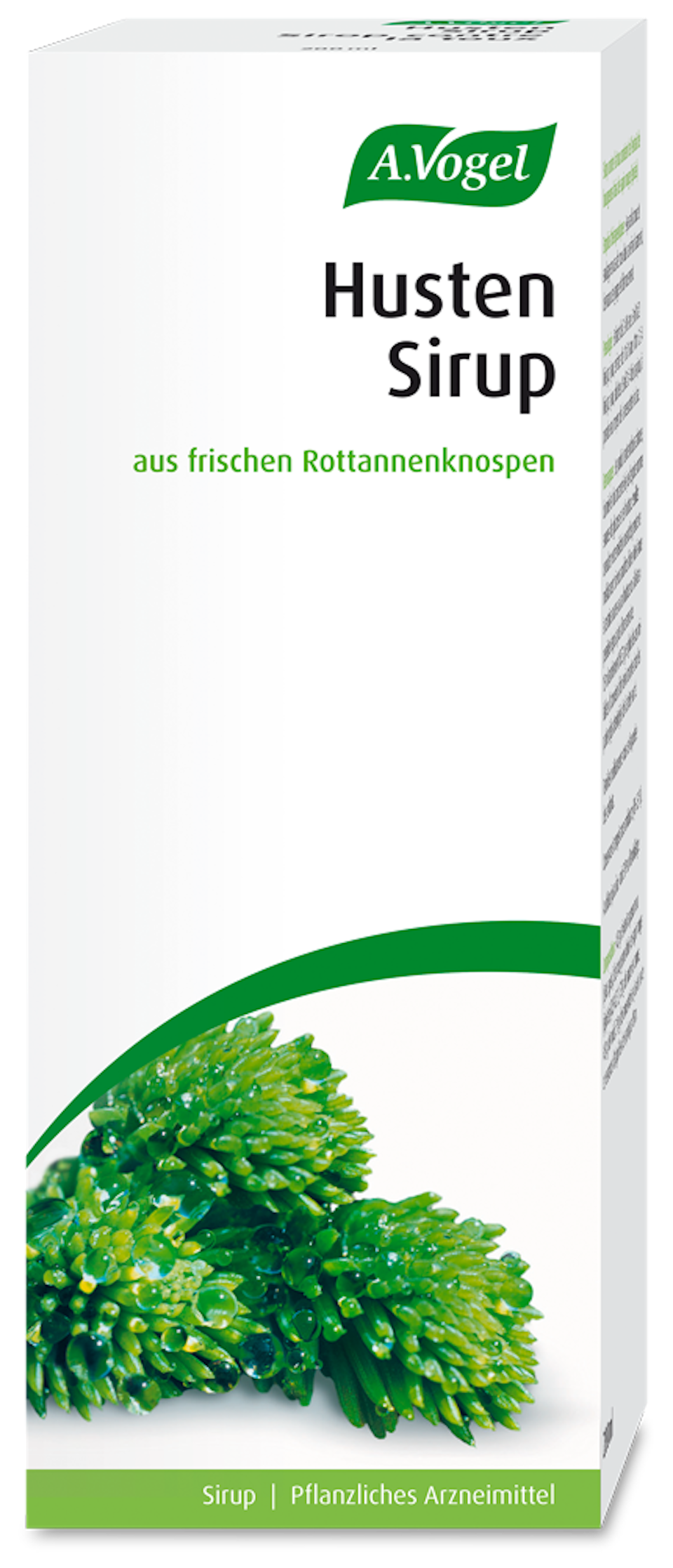 Produktaufnahme von "A.Vogel Husten Sirup". Pflanzlicher Sirup aus frischen Rottannenknospen bei Erkältungshusten, Halsweh und Heiserkeit. Lindert Hustenreiz – ohne Alkohol, auch für Kinder geeignet.