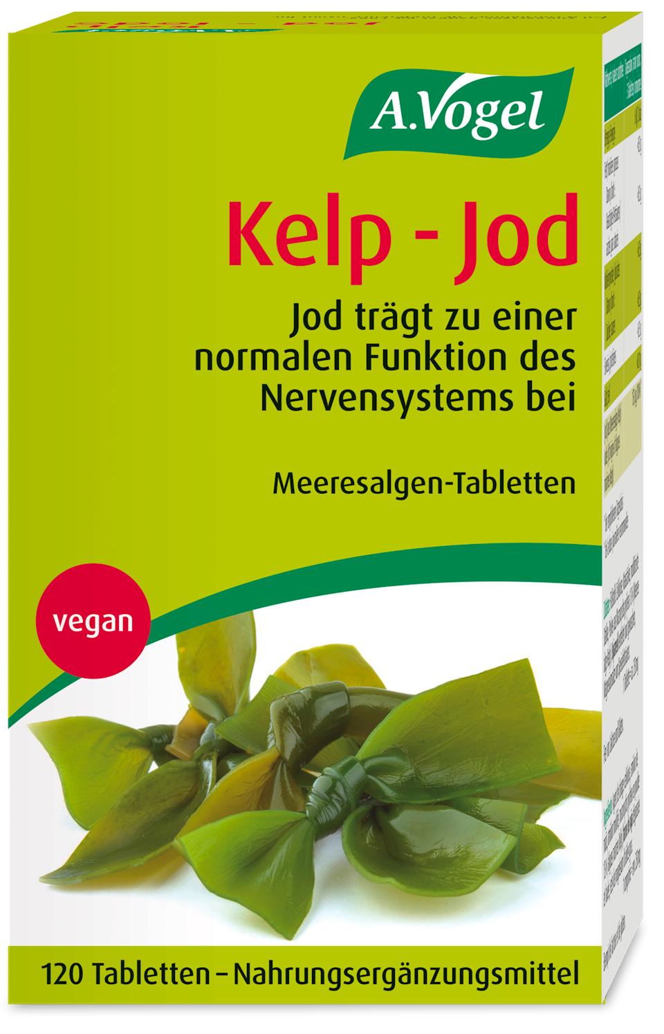Produktaufnahme von "A.Vogel Kelp - Jod". Meeresalgen-Tabletten reich an natürlichem Jod. Jod trägt zu einer normalen Schilddrüsenfunktion und einer normalen Funktion des Nervensystems bei.
