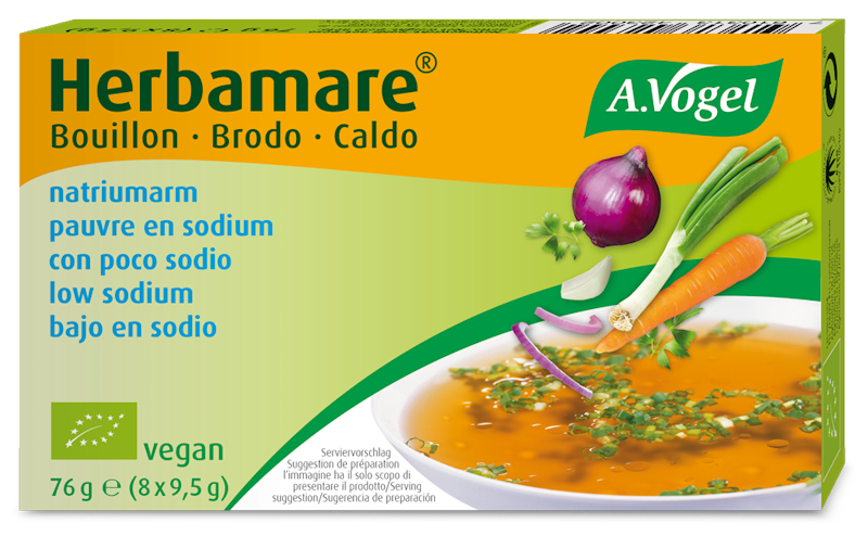 Produktaufnahme von "A.Vogel Herbamare ® Bouillon natriumarm". Natriumarmes, rein pflanzliches Suppenkonzentrat für klare Suppen und als Saucengrundlage. Für eine natriumarme Diät geeignet.