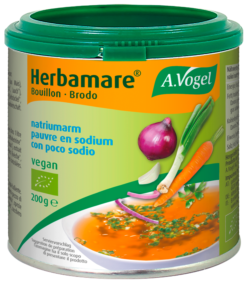 Herbamare ® Bouillon natriumarm Produktaufnahme von "A.Vogel Herbamare ® Bouillon natriumarm". Natriumarmes, rein pflanzliches Suppenkonzentrat für klare Suppen und als Saucengrundlage. Für eine natriumarme Diät geeignet.