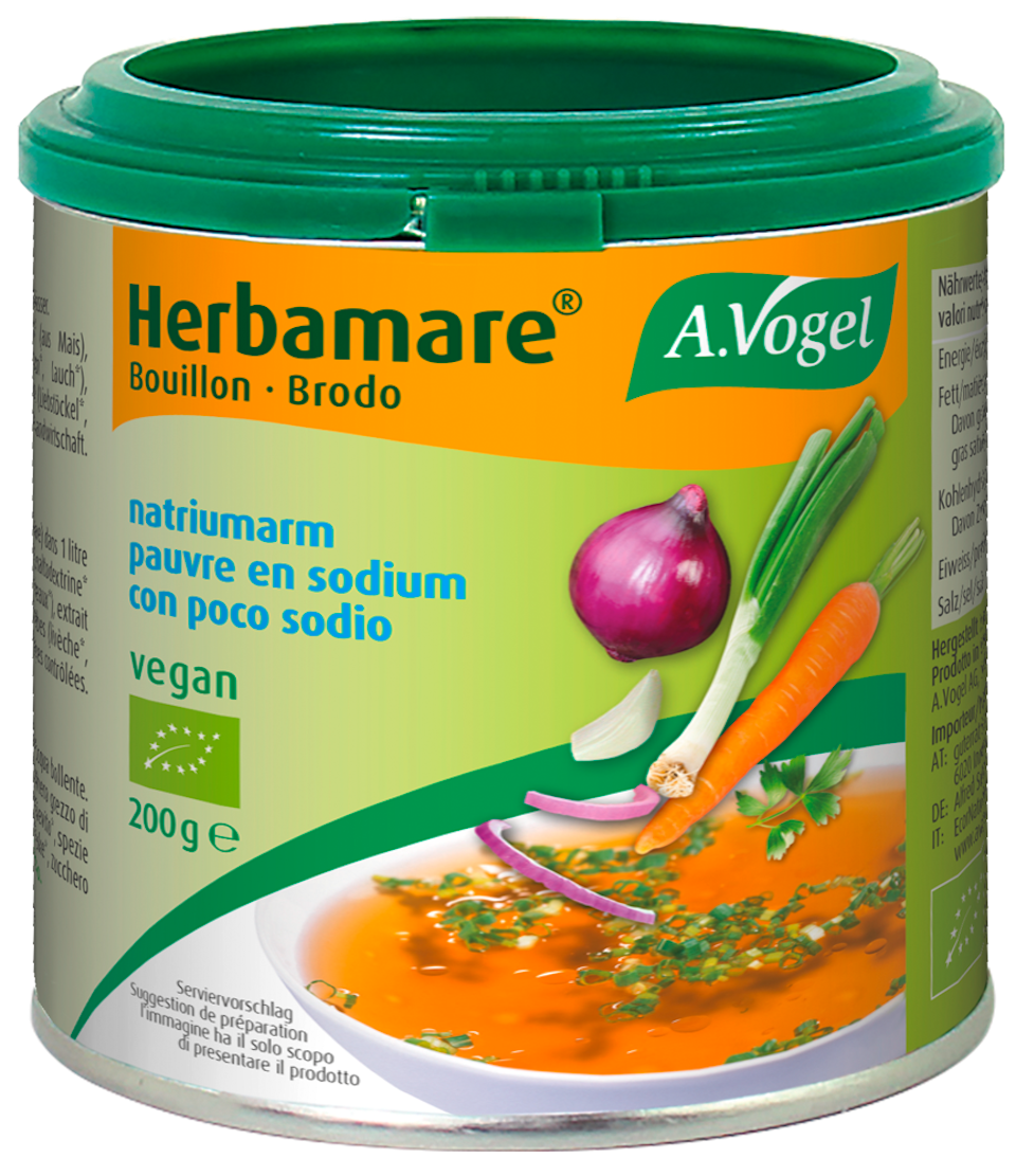 Produktaufnahme von "A.Vogel Herbamare ® Bouillon natriumarm". Natriumarmes, rein pflanzliches Suppenkonzentrat für klare Suppen und als Saucengrundlage. Für eine natriumarme Diät geeignet.
