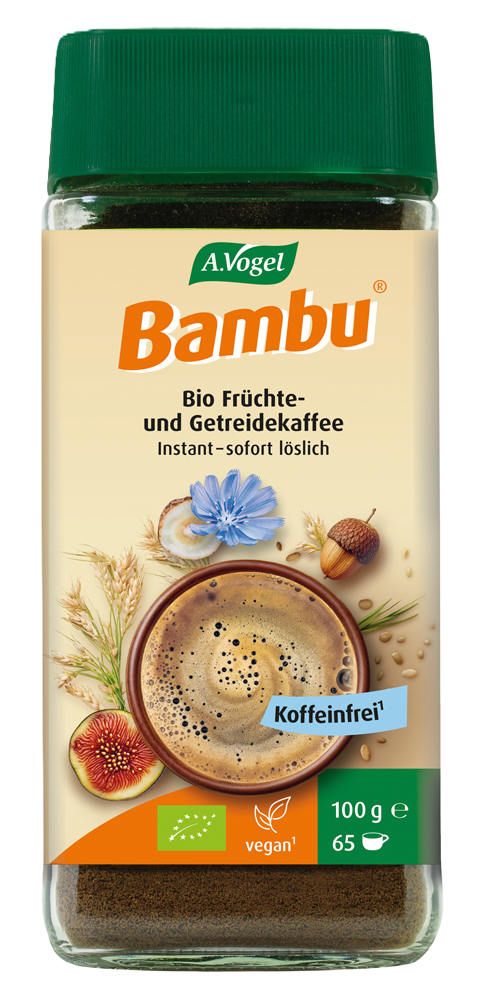 A.Vogel Bambu ® Instant, 100 g Glas Produktaufnahme von "A.Vogel Bambu ® Instant". Aromatischer Früchte- und Getreidekaffee aus kontrolliert biologischem Anbau. Enthält von Natur aus kein Koffein – auch für Kinder geeignet.