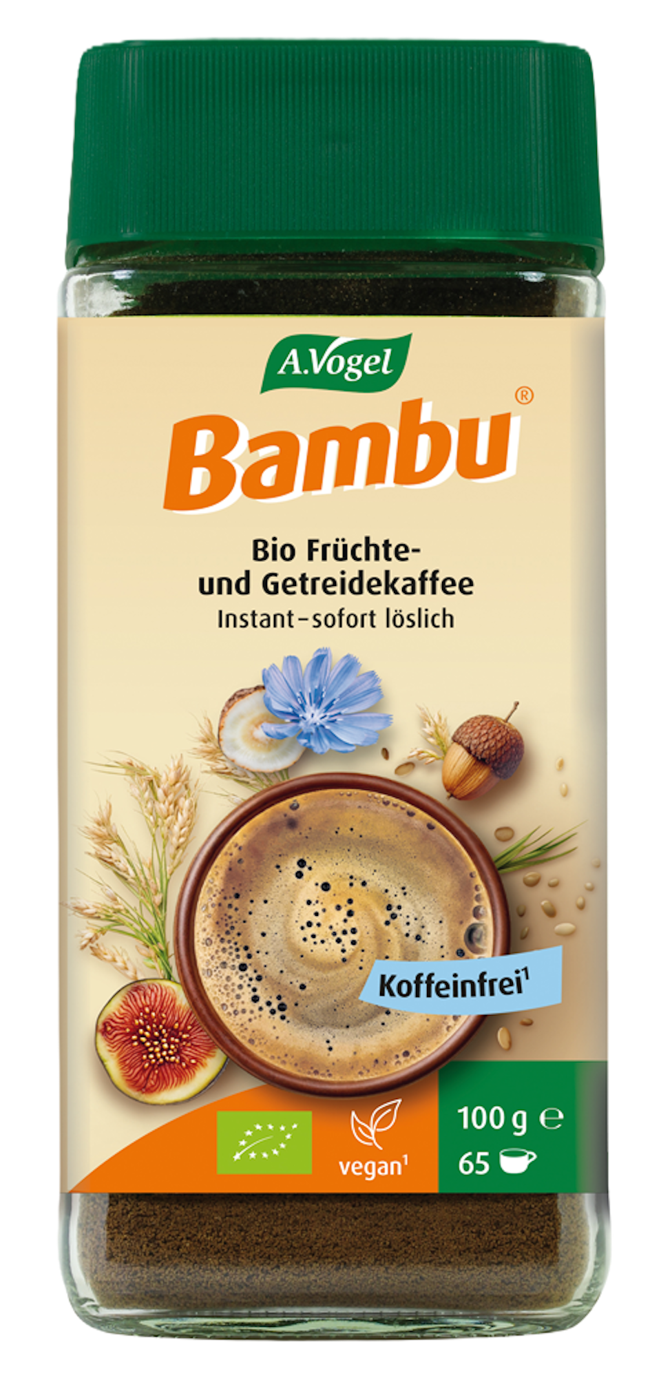 Produktaufnahme von "A.Vogel Bambu ® Instant".  Aromatischer Früchte- und Getreidekaffee aus kontrolliert biologischem Anbau. Enthält von Natur aus kein Koffein – auch für Kinder geeignet.