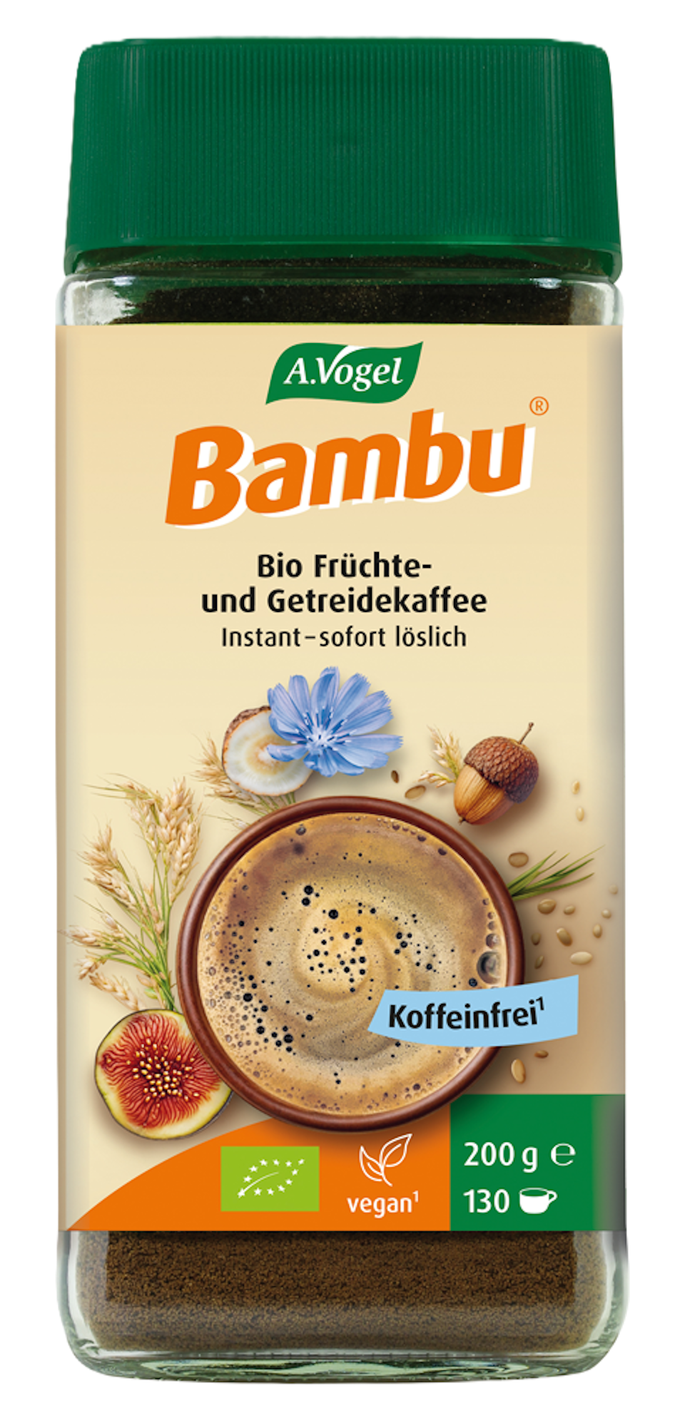 Produktaufnahme von "A.Vogel Bambu ® Instant".  Aromatischer Früchte- und Getreidekaffee aus kontrolliert biologischem Anbau. Enthält von Natur aus kein Koffein – auch für Kinder geeignet.