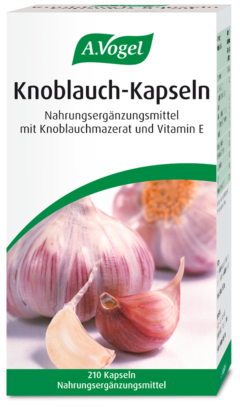 Produktaufnahme von "A.Vogel Knoblauch-Kapseln". Knoblauch-Kapseln mit natürlichem Vitamin E für Herz und Kreislauf. Aus frischem Knoblauch – schützt die Zellen vor oxidativem Stress, ohne Knoblauchgeruch.