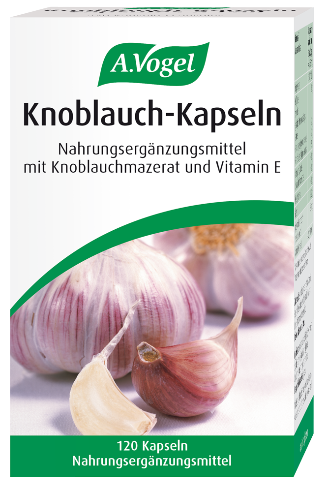 A.Vogel Knoblauch-Kapseln, 120 Kapseln Produktaufnahme von "A.Vogel Knoblauch-Kapseln". Knoblauch-Kapseln mit natürlichem Vitamin E für Herz und Kreislauf. Aus frischem Knoblauch – schützt die Zellen vor oxidativem Stress, ohne Knoblauchgeruch.