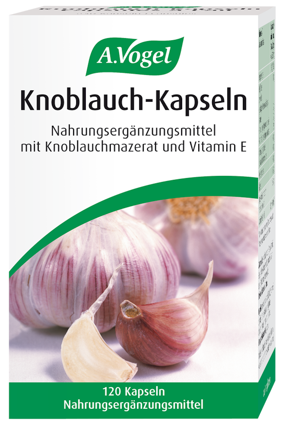 Produktaufnahme von "A.Vogel Knoblauch-Kapseln". Knoblauch-Kapseln mit natürlichem Vitamin E für Herz und Kreislauf. Aus frischem Knoblauch – schützt die Zellen vor oxidativem Stress, ohne Knoblauchgeruch.