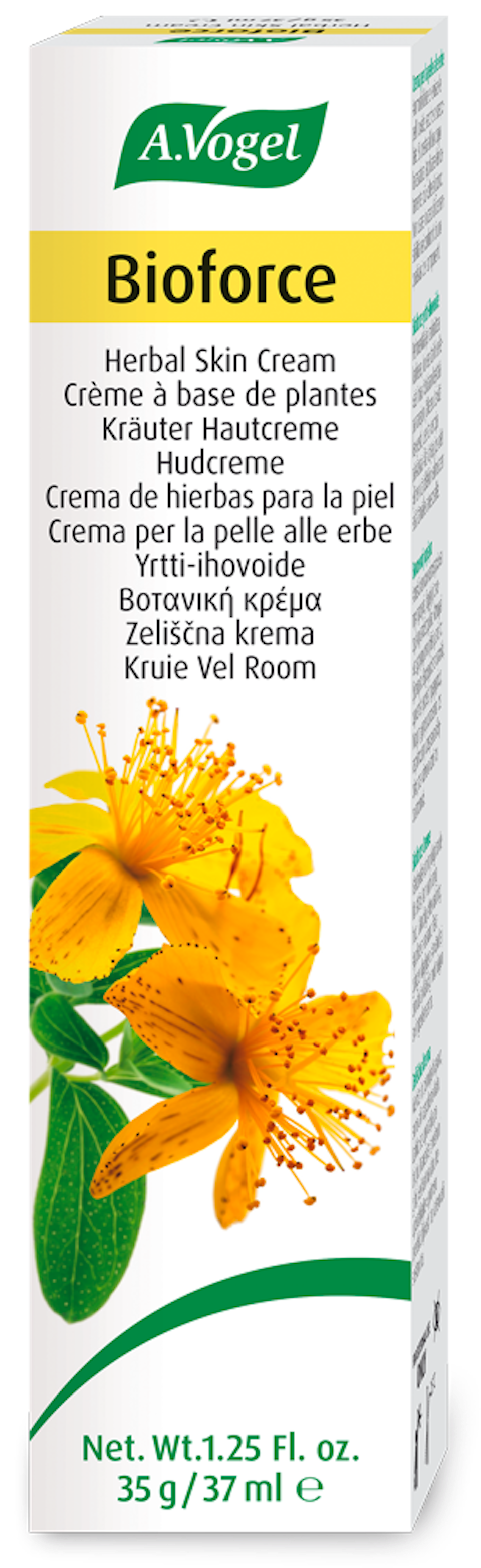 Produktaufnahme von "A.Vogel Bioforce Kräuter Hautcreme".  Hautcreme mit Extrakten aus Johanniskraut, Ringelblume, Salbei, Sanikel, Arnika und Hamamelis. Besänftigt raue, trockene oder rissige Haut.