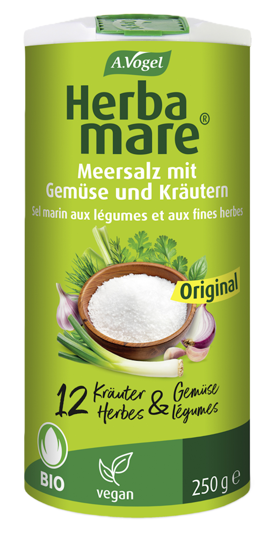 Produktaufnahme von "A.Vogel Herbamare ® Original". Meersalz mit 12 erntefrischen Bio-Kräutern und Gemüse aus kontrolliert biologischem Anbau. Frisch verarbeitet und aromaschonend getrocknet.