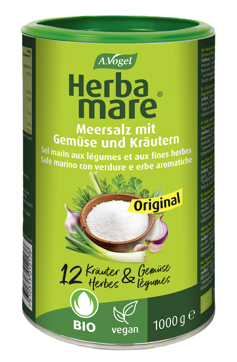 Produktaufnahme von "A.Vogel Herbamare ® Original". Meersalz mit 12 erntefrischen Bio-Kräutern und Gemüse aus kontrolliert biologischem Anbau. Frisch verarbeitet und aromaschonend getrocknet.
