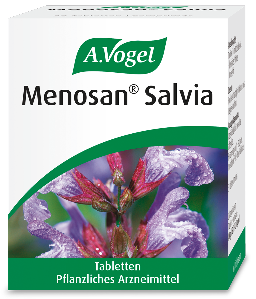 A.Vogel Menosan® Salvia Tabletten, 30 Tabletten Produktaufnahme von "A.Vogel Menosan® Salvia Tabletten". Pflanzliches Arzneimittel aus frischen Salbeiblättern. Wird traditionsgemäss angewendet bei übermässigem Schwitzen und Wärmegefühl in den Wechseljahren.