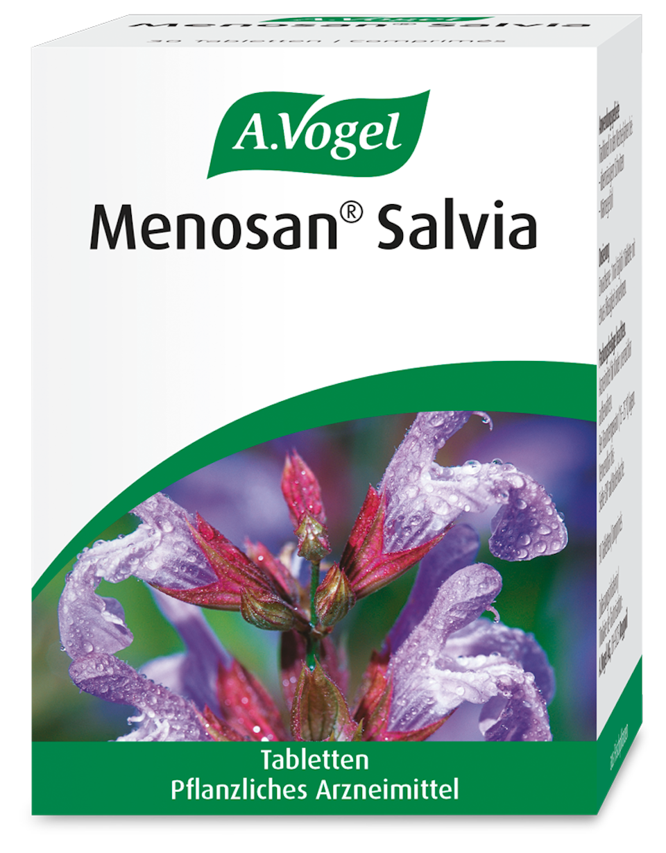 Produktaufnahme von "A.Vogel Menosan® Salvia Tabletten". Pflanzliches Arzneimittel aus frischen Salbeiblättern. Wird traditionsgemäss angewendet bei übermässigem Schwitzen und Wärmegefühl in den Wechseljahren.