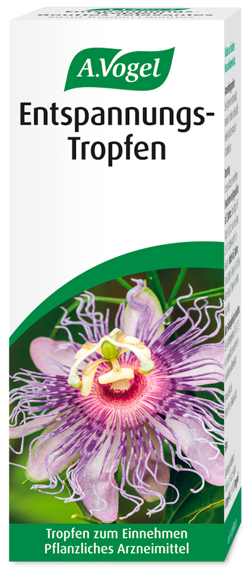 Produktaufnahme von "A.Vogel Entspannungs-Tropfen". Frischpflanzen-Tinktur aus Passionsblumenkraut. Bei allgemeiner Nervosität, nervöser Unruhe und Einschlafschwierigkeiten im Klimakterium.