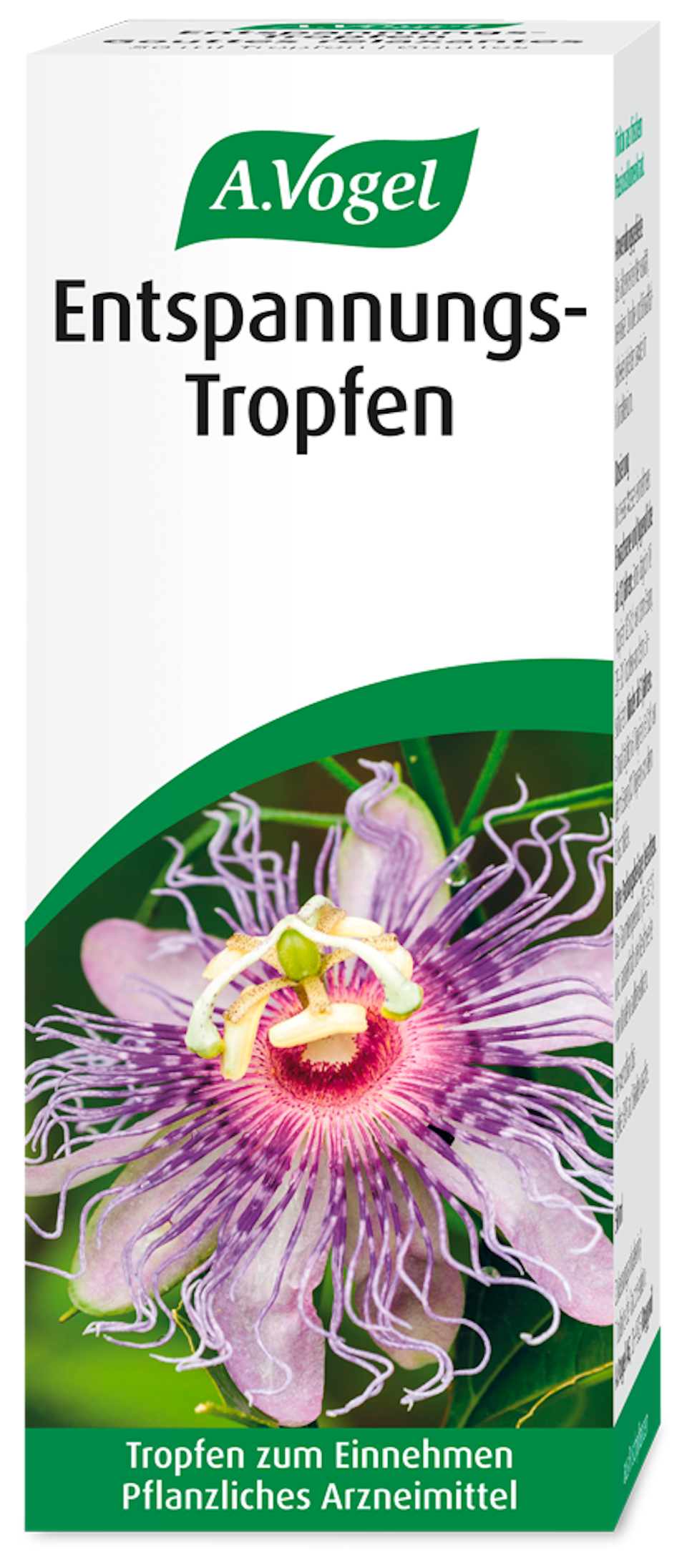 Produktaufnahme von "A.Vogel Entspannungs-Tropfen". Frischpflanzen-Tinktur aus Passionsblumenkraut. Bei allgemeiner Nervosität, nervöser Unruhe und Einschlafschwierigkeiten im Klimakterium.