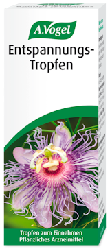 Produktaufnahme von "A.Vogel Entspannungs-Tropfen". Frischpflanzen-Tinktur aus Passionsblumenkraut. Bei allgemeiner Nervosität, nervöser Unruhe und Einschlafschwierigkeiten im Klimakterium.