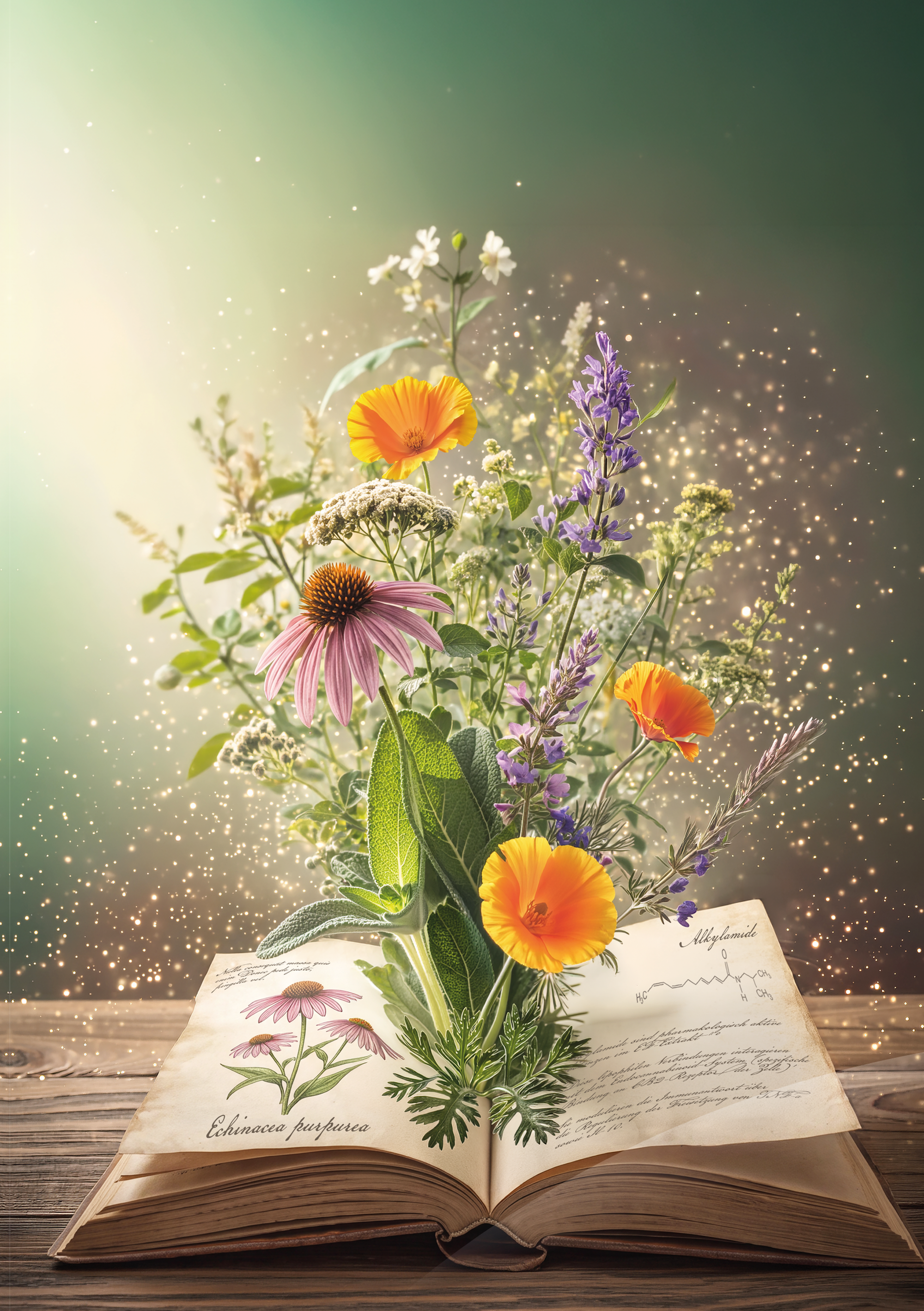 A.Vogel Phyto Campus Aufgeschlagenes Kräuterbuch mit blühenden Heilpflanzen wie Sonnenhut, Salbei und Mohnblumen als Symbol für Wissen und Phytotherapie.