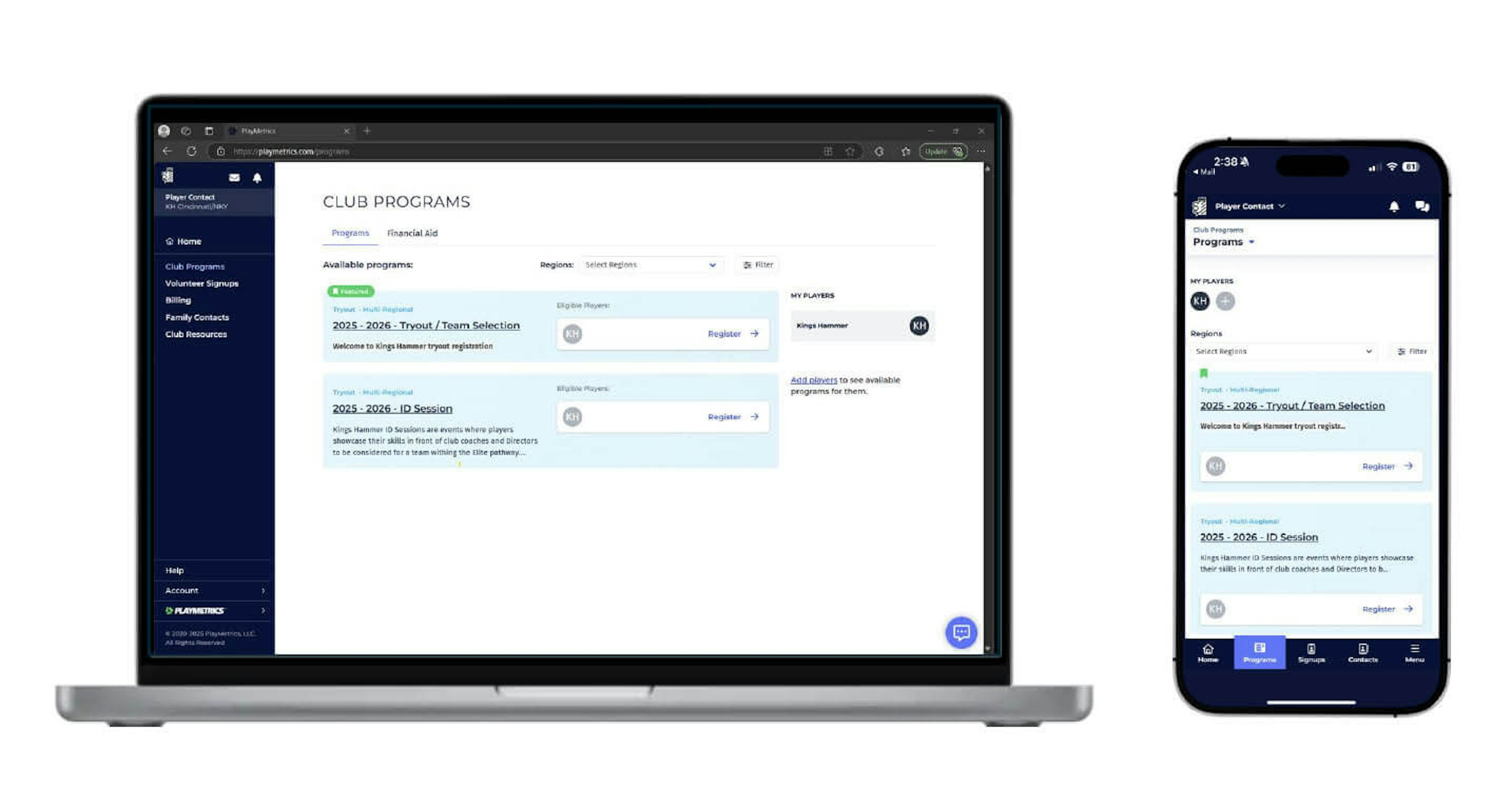 Step 4: Register for tryouts or program in PlayMetrics