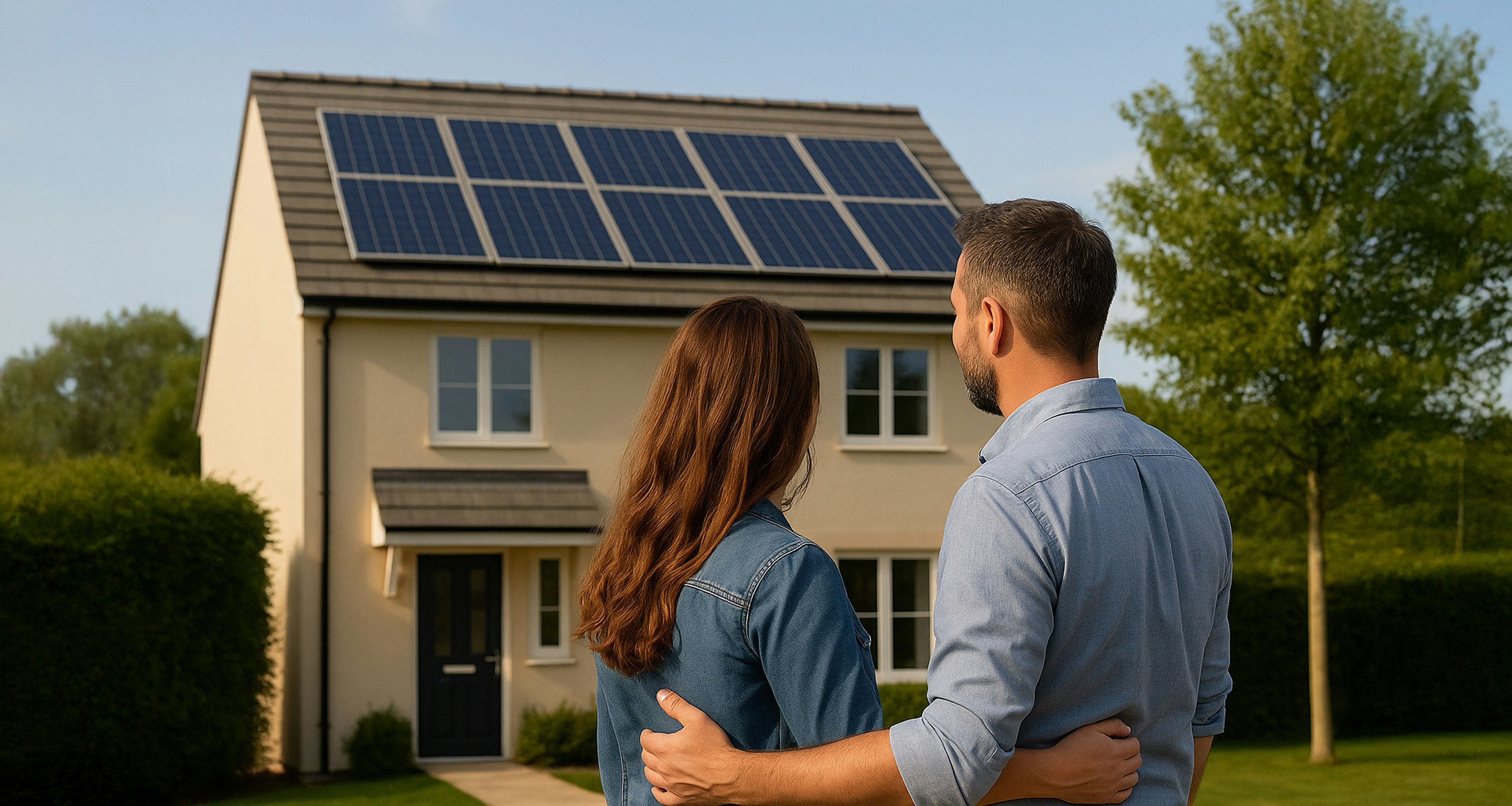 couple face à une maison avec panneaux photovoltaiques qui se demande comment augmenter la puissance de leur panneau