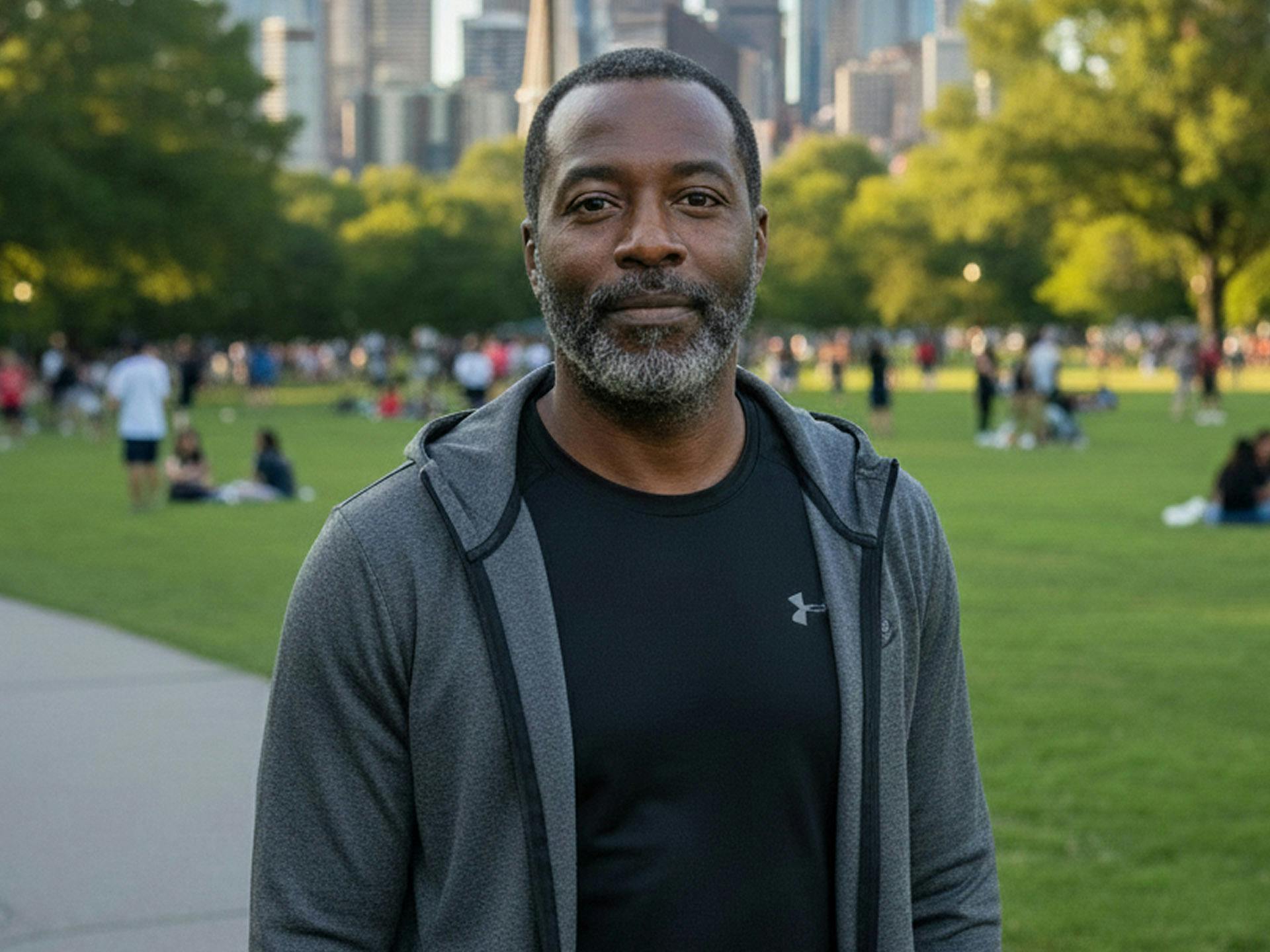 man outside in a black shirt and grey sweater