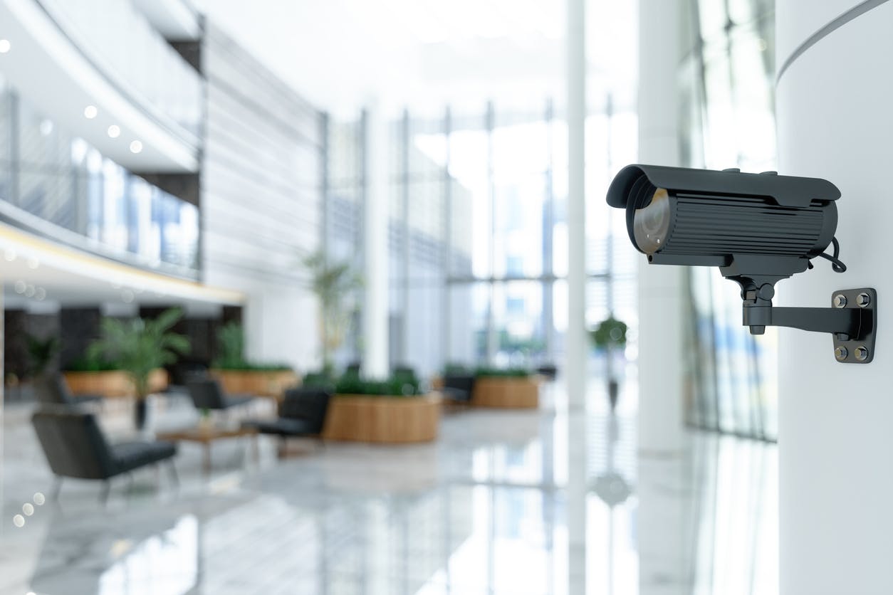 Security camera in a building lobby