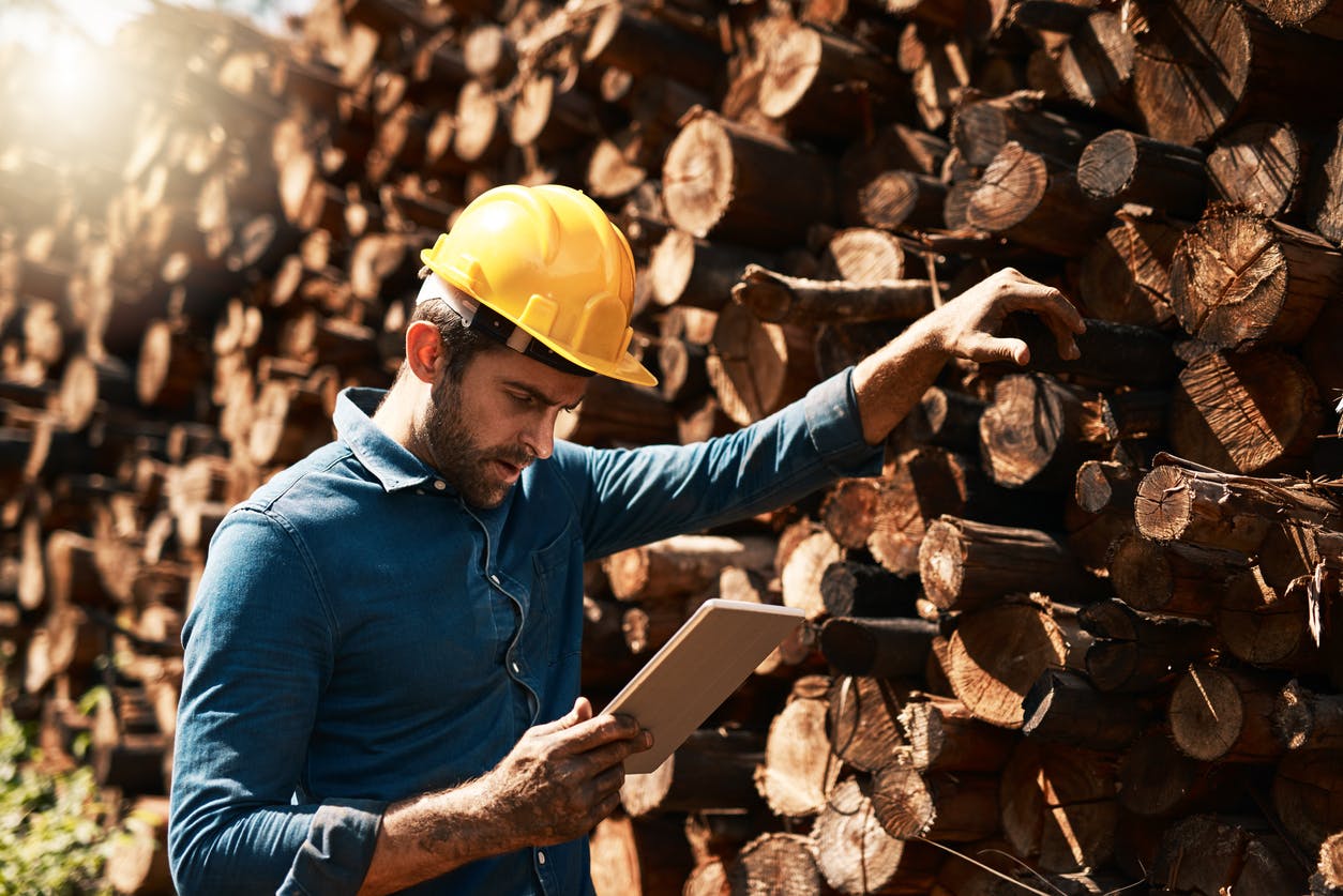 Dark-haired man working with logs