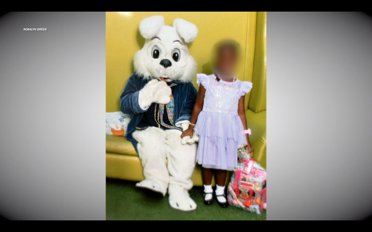 little girl with her face blurred posing with the easter bunny