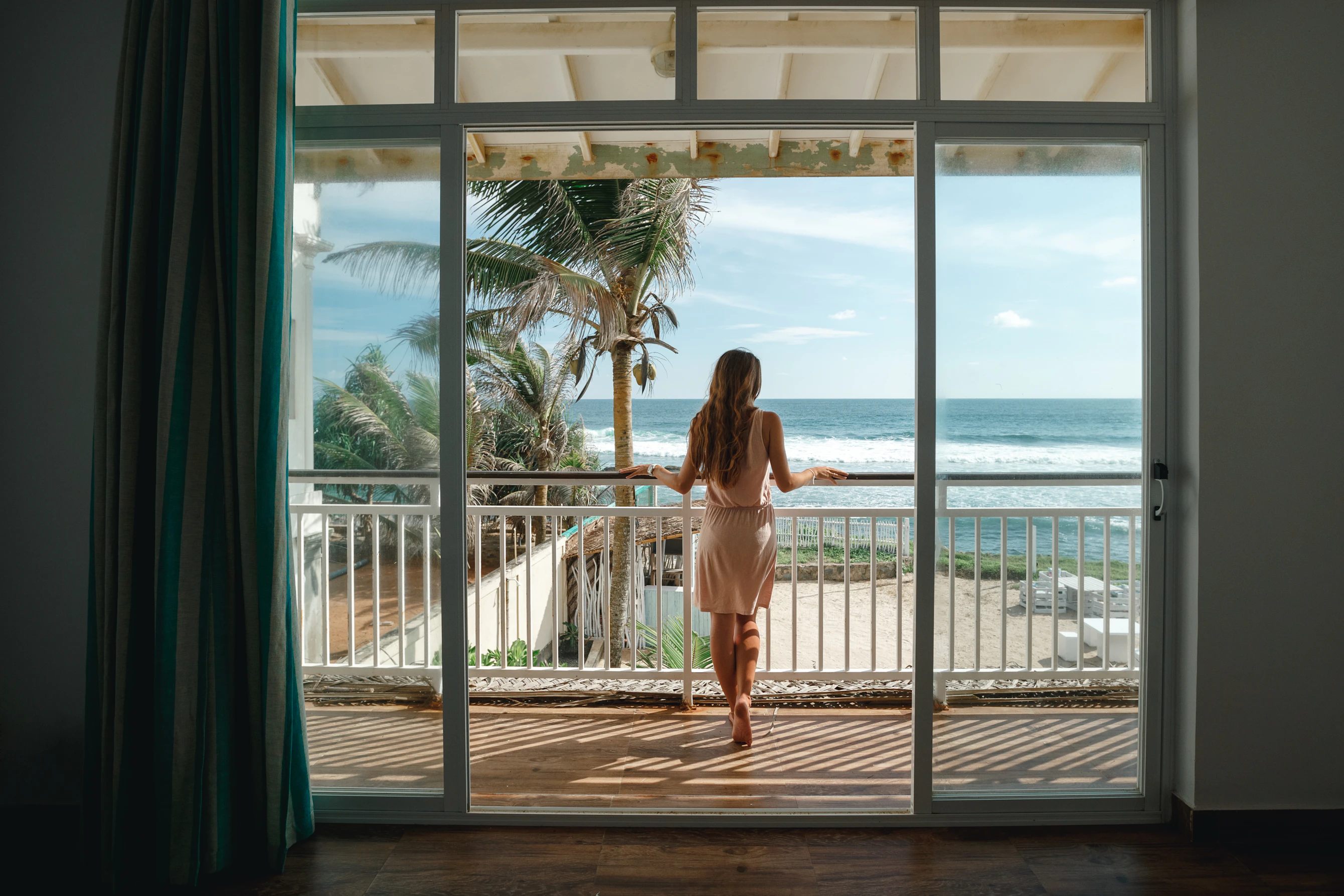 beauty,surfing,happy,scenic,balcony,beautiful,view,female,resort,sky,surfer,natural,island,relaxation,girl,water,morning,coast,ocean,background,person,looking,sunrise,woman,young,tourism,holiday,peaceful,sea,summer,wave,sri lanka,hotel,palms,vacation,terrace,nature,one,shore,people,lagoon,lifestyle,outdoor,tropical,wooden,beach,sunset,window,travel,landscape
