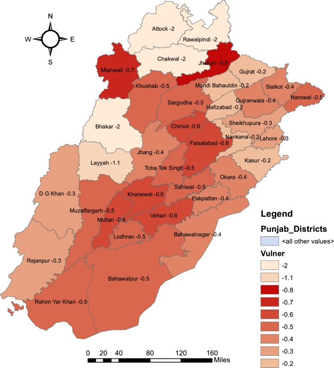 Image: Generating using Arc GIS version 10.3.1 via Janjua, A.A., Aslam, M., Sultana, N. et al. Identification of climate induced optimal rice yield and vulnerable districts rankings of the Punjab, Pakistan. Sci Rep 11, 23393 (2021).