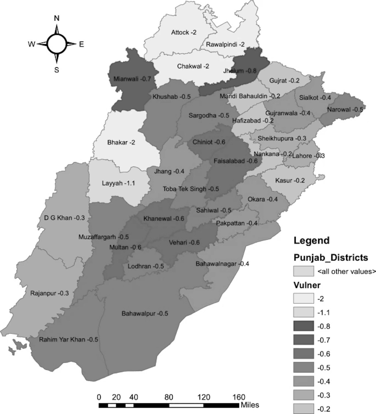 Spatial mapping of climate induced district vulnerability ranking for rice yield. Image: Generating using Arc GIS version 10.3.1 via Janjua, A.A., Aslam, M., Sultana, N. et al. Identification of climate induced optimal rice yield and vulnerable districts rankings of the Punjab, Pakistan. Sci Rep 11, 23393 (2021).