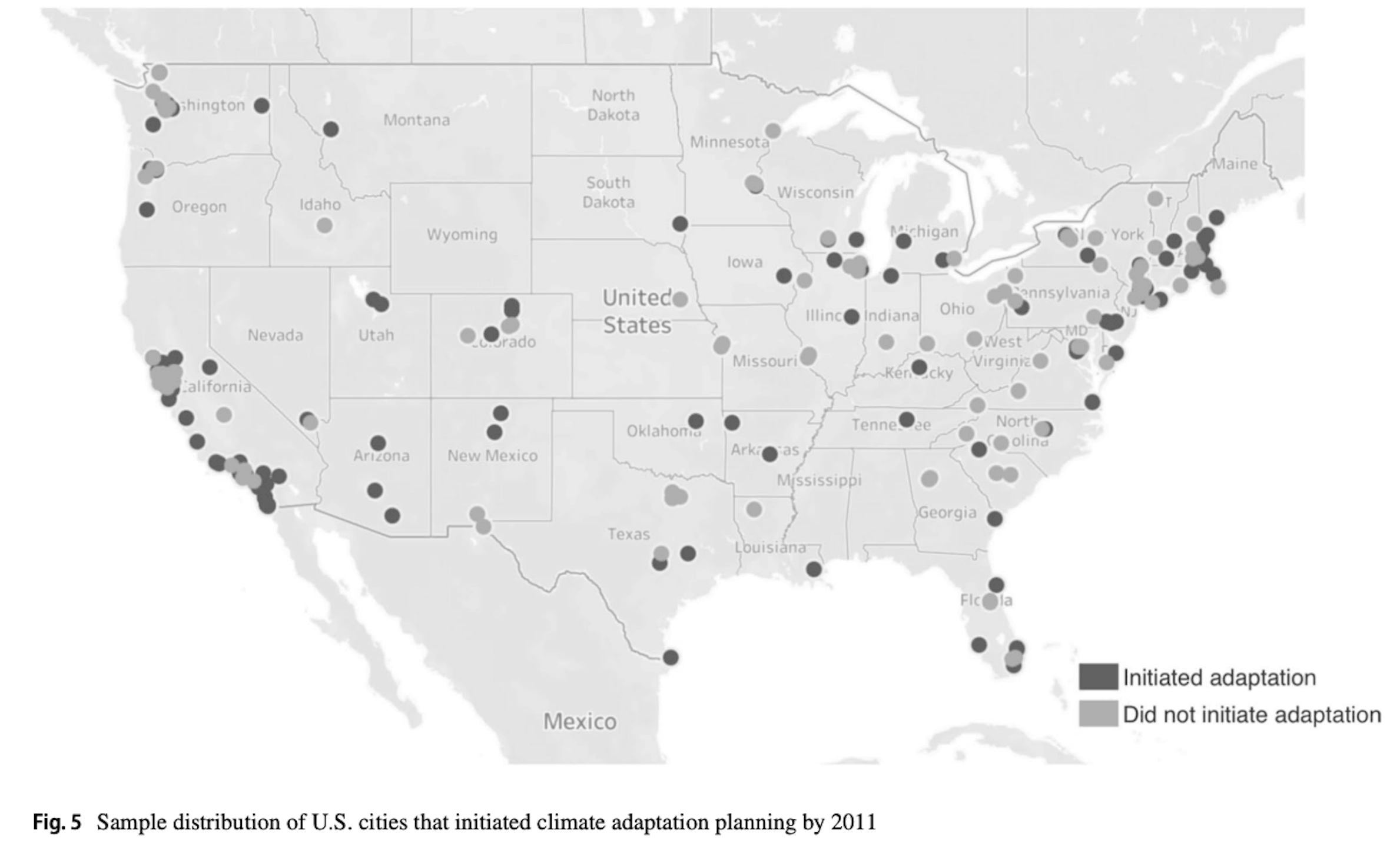 Sample distribution of U.S. cities that initiated climate adaptation planning by 2011 Image: Journal of Environmental Studies and Sciences