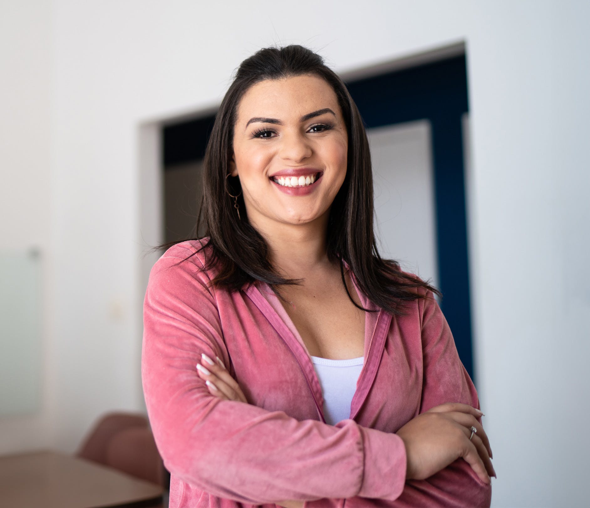 woman wearing a pink jacket