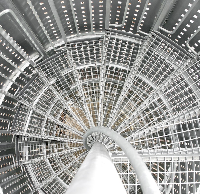 Spiral staircase grating steps with handrail on center tube