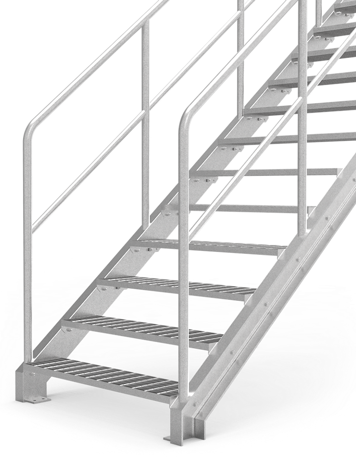 straight stairs with industrial railing and grating steps