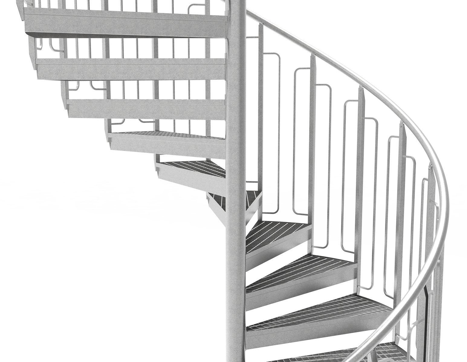 Freisteller einer Spindeltreppe mit einem kindersicheren Geländer aus Bügeln.