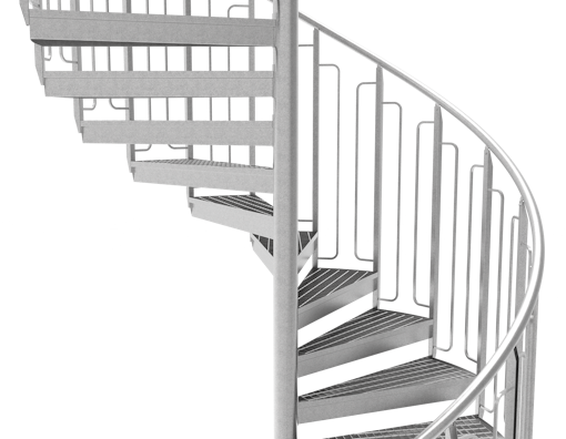 Freisteller einer Spindeltreppe mit einem kindersicheren Geländer aus Bügeln.